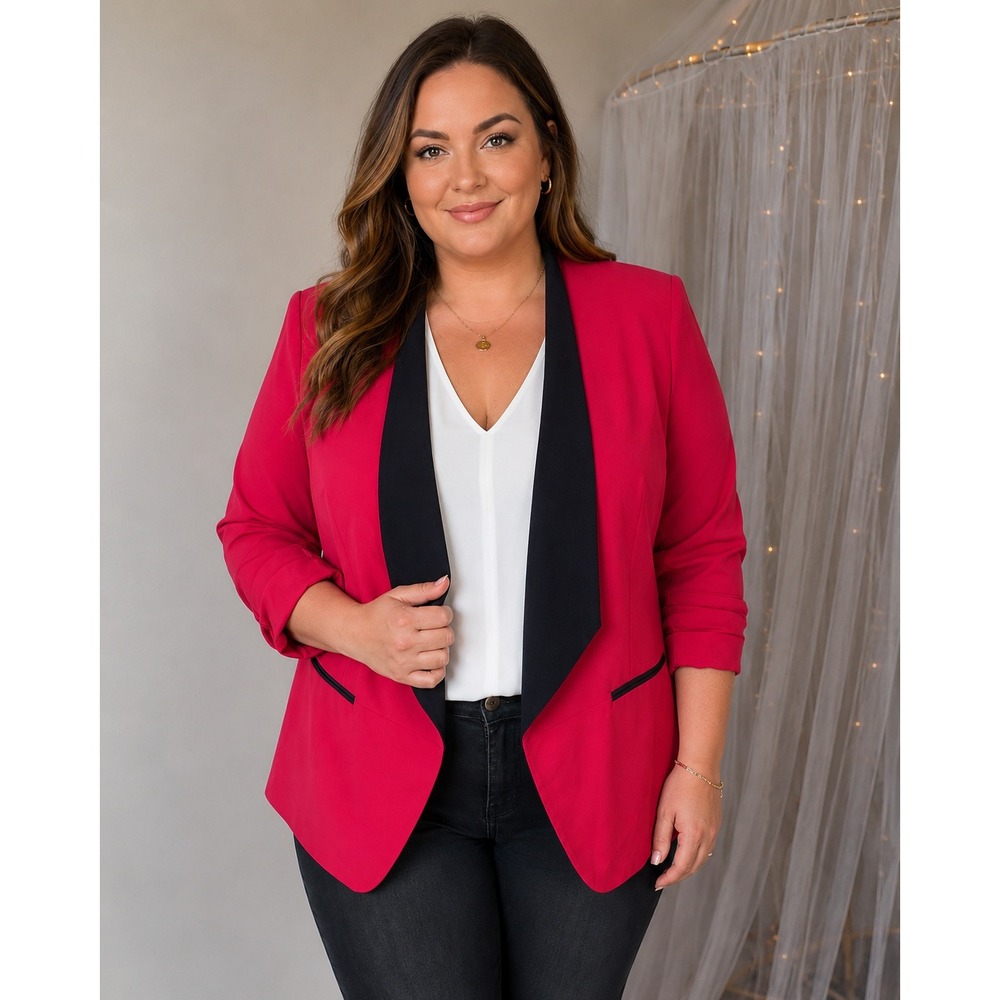 Y2K Career Red Black Rocker Chic Office Blazer Party Open Front Jacket Size 16